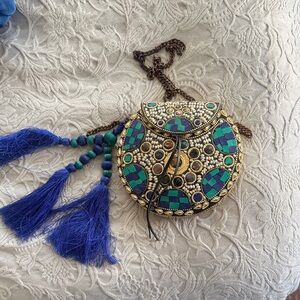 Handcrafted Blue & Green Mosaic Embellished Crossbody Bag